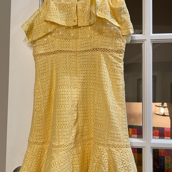 HP🌸🌼 J.O.A. | Lace Detail Ruffle Hem Dress. XS. Yellow. Multi Textured Lace. - Picture 6 of 12